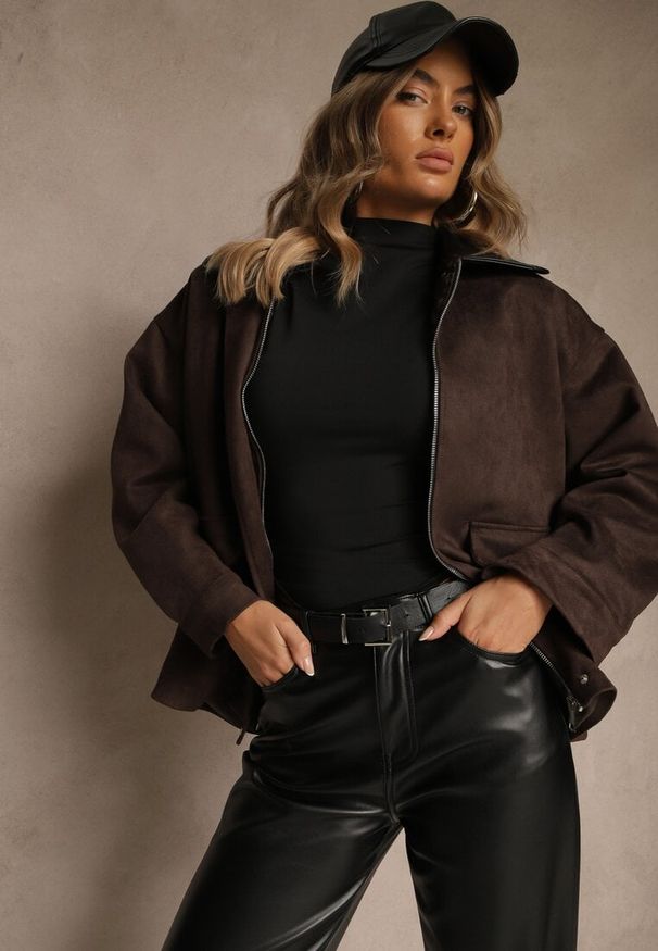Renee - Brązowa Koszulowa Kurtka Barn Jacket z Imitacji Zamszu Ralasania. Kolor: brązowy. Materiał: zamsz. Wzór: haft