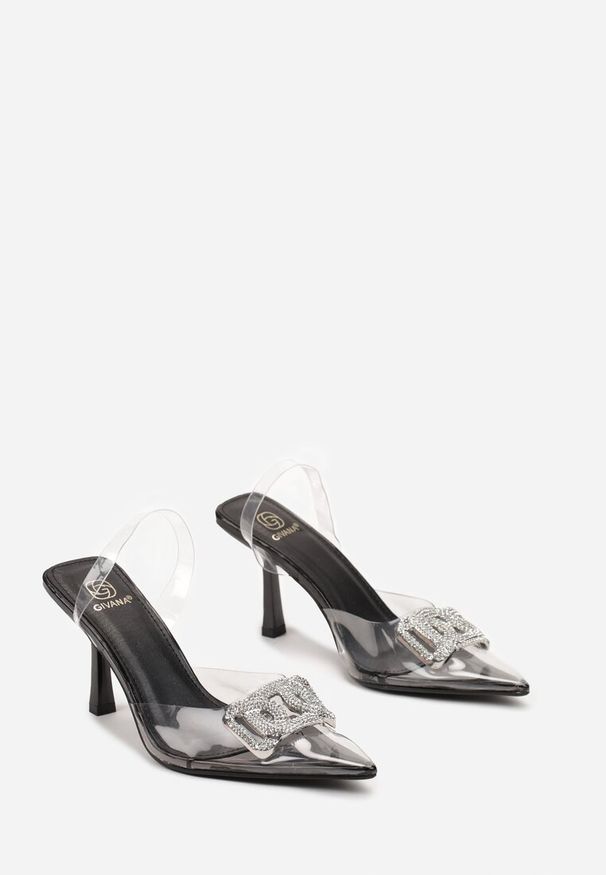 Born2be - Czarne Sandały z Transparentnym Noskiem i Ozdobą w Cyrkonie Daisylis. Kolor: czarny. Wzór: aplikacja