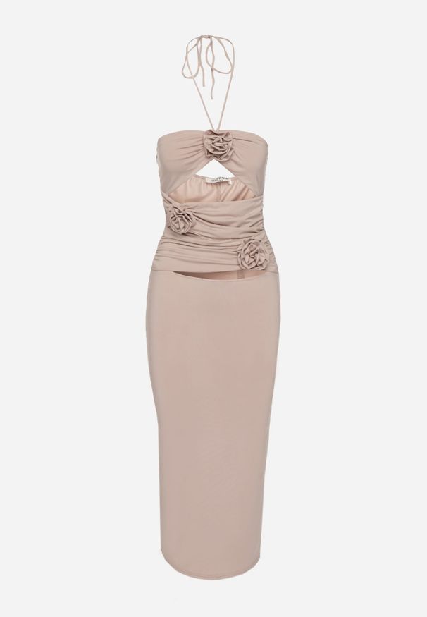 Renee - Ciemnobeżowa Sukienka Midi z Wiązaniem i Wycięciem Ozdobiona Kwiatami Zanephone. Kolor: beżowy. Materiał: wiskoza. Wzór: aplikacja, kwiaty. Styl: elegancki. Długość: midi