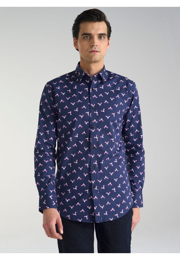 Pako Lorente - PAKO LORENTE – Granatowa koszula w kolibry. Okazja: na co dzień. Kolor: niebieski. Materiał: bawełna, jeans, elastan. Styl: casual