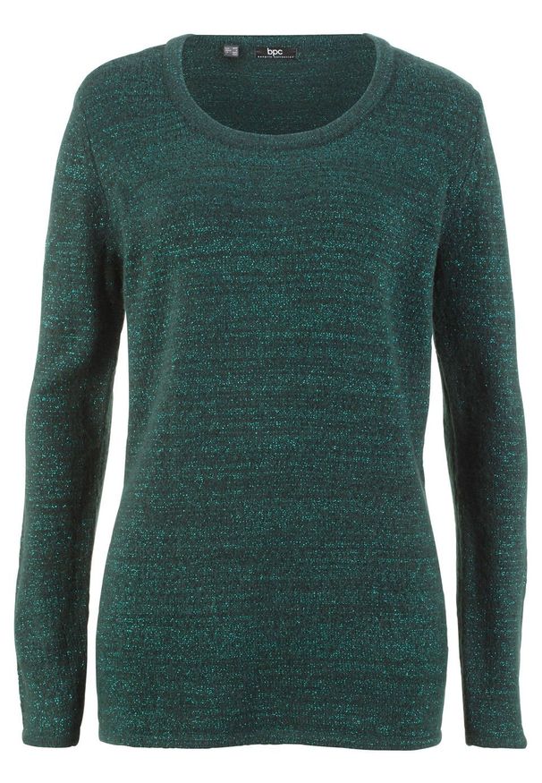 Sweter z lureksową nitką, długi rękaw bonprix głęboki zielony melanż. Kolor: zielony. Materiał: poliester, elastan, poliamid, materiał, akryl, włókno. Długość rękawa: długi rękaw. Długość: długie. Wzór: melanż
