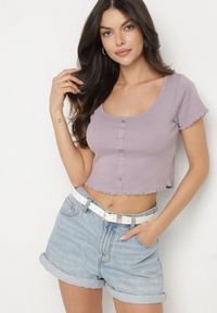 Born2be - Fioletowy Bawełniany T-shirt o Dopasowanym Kroju z Guzikami Filareina. Okazja: na co dzień. Kolor: fioletowy. Materiał: bawełna. Styl: klasyczny, casual, elegancki