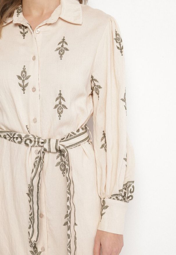 Born2be - Beżowa Wiskozowa Sukienka Koszulowa Szmizjerka z Paskiem Telandora. Okazja: na co dzień. Typ kołnierza: kołnierzyk klasyczny. Kolor: beżowy. Materiał: wiskoza. Długość rękawa: długi rękaw. Typ sukienki: koszulowe, szmizjerki. Styl: casual, elegancki, klasyczny