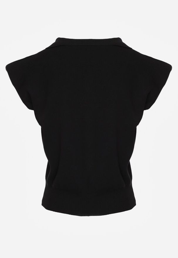 Born2be - Czarna Wiskozowa Bluzka Sweterkowa z Usztywnionymi Ramionami i Kołnierzykiem Katano. Okazja: na co dzień. Kolor: czarny. Materiał: wiskoza. Wzór: aplikacja. Styl: elegancki, klasyczny, casual