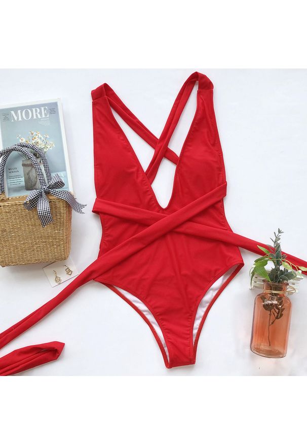 Intica - Strój kąpielowy jednoczęściowy z wiązaniem odporny na słońce i wodę Merralee. Kolor: czerwony. Materiał: materiał