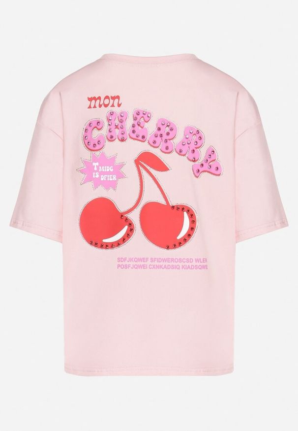 Born2be - Różowy T-shirt z Bawełną Cyrkoniami i Motywem Wiśni Linmira. Okazja: na co dzień. Kolor: różowy. Materiał: bawełna. Styl: casual, elegancki