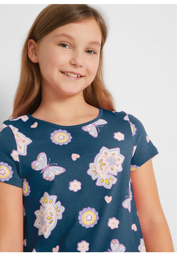 bonprix - Sukienka shirtowa z bawełny organicznej. Kolor: niebieski. Materiał: bawełna. Długość rękawa: krótki rękaw. Wzór: gładki, nadruk, kwiaty
