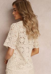 Renee - Beżowa Ażurowa Koszula z Krótkimi Rękawami Keikain. Kolor: beżowy. Materiał: jeans, tkanina. Długość rękawa: krótki rękaw. Długość: krótkie. Wzór: ażurowy #3