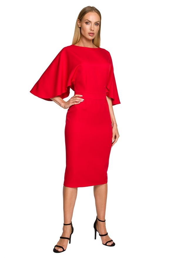 Sukienki.shop - Sukienka elegancka ołówkowa z szerokimi rękawami czerwona z pelerynką. Okazja: na komunię, na wesele, na ślub cywilny. Kolor: czerwony. Typ sukienki: ołówkowe. Styl: elegancki