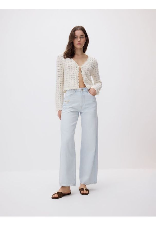 Reserved - Jeansy straight z aplikacjami - niebieski. Stan: podwyższony. Kolor: niebieski. Wzór: aplikacja