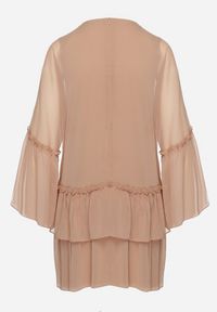 Born2be - Beżowa Rozkloszowana Sukienka Mini z Dekoltem Ozdobionym Cyrkoniami i Falbanką Stevianta. Kolor: beżowy. Wzór: aplikacja. Długość: mini #6