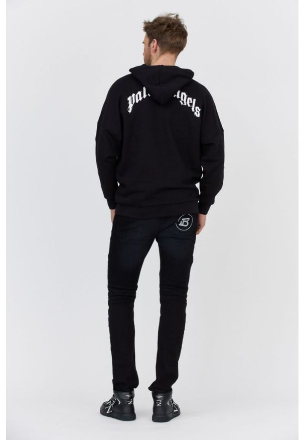 PALM ANGELS Czarna bluza męska z białym printem, Rozmiar M. Typ kołnierza: kaptur. Kolor: czarny. Materiał: prążkowany. Wzór: nadruk