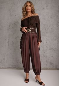 Renee - Brązowe Spodnie High Waist o Kroju Balloon Mezesha. Okazja: na co dzień. Stan: podwyższony. Kolor: brązowy. Długość: krótkie. Styl: boho, casual #1