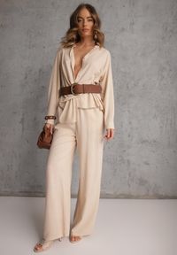 Renee - Beżowy Komplet z Wiskozy Spodnie Szerokie i Koszula z Ozdobnym Materiałem Airial. Kolor: beżowy. Materiał: wiskoza, materiał #2