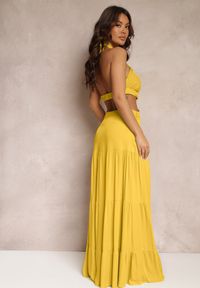 Renee - Żółta Rozkloszowana Sukienka z Wiskozy z Wiązaniem i Wycięciami Kailen. Kolor: żółty. Materiał: wiskoza. Typ sukienki: asymetryczne #2
