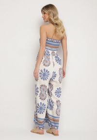 Born2be - Niebiesko-Kremowy Kombinezon Bez Rękawów z Szeroką Nogawką w Ornamentalny Wzór Mirionia. Okazja: na co dzień, na imprezę. Kolor: niebieski. Długość rękawa: bez rękawów. Styl: casual, elegancki #3