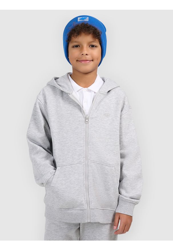 4f - 4F Bluza dresowa rozpinana z kapturem chłopięca - szara 146 (10-11 lat). Okazja: na co dzień. Typ kołnierza: kaptur. Kolor: szary. Materiał: dresówka. Wzór: gładki, ze splotem. Sezon: lato. Styl: casual, sportowy