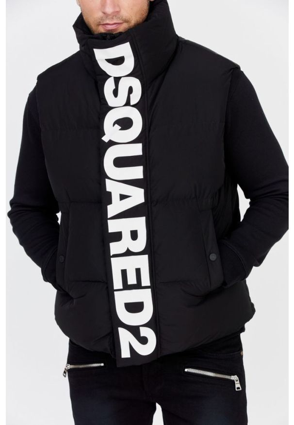 DSQUARED2 Czarny męski puchowy bezrękawnik z dużym logo, Rozmiar 52. Kolor: czarny. Materiał: puch. Długość rękawa: bez rękawów