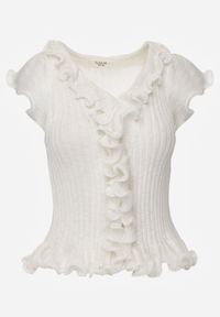 Born2be - Biała Prążkowana Bluzka z Wiskozą Ozdobiona Falbanami Delestra. Okazja: na co dzień, na spotkanie biznesowe. Kolor: biały. Materiał: prążkowany, wiskoza. Wzór: aplikacja. Styl: casual, biznesowy, elegancki #5