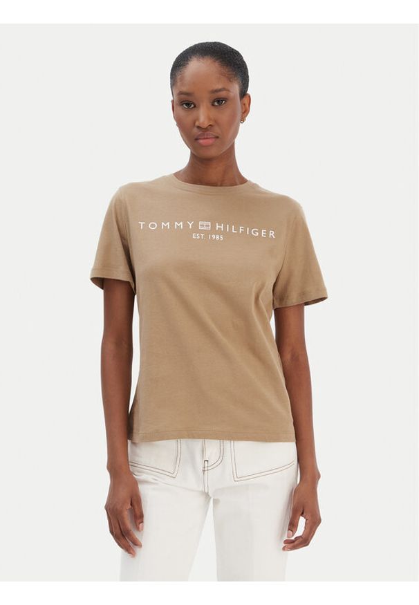 TOMMY HILFIGER - Tommy Hilfiger T-Shirt Logo WW0WW40276 Beżowy Regular Fit. Kolor: beżowy. Materiał: bawełna