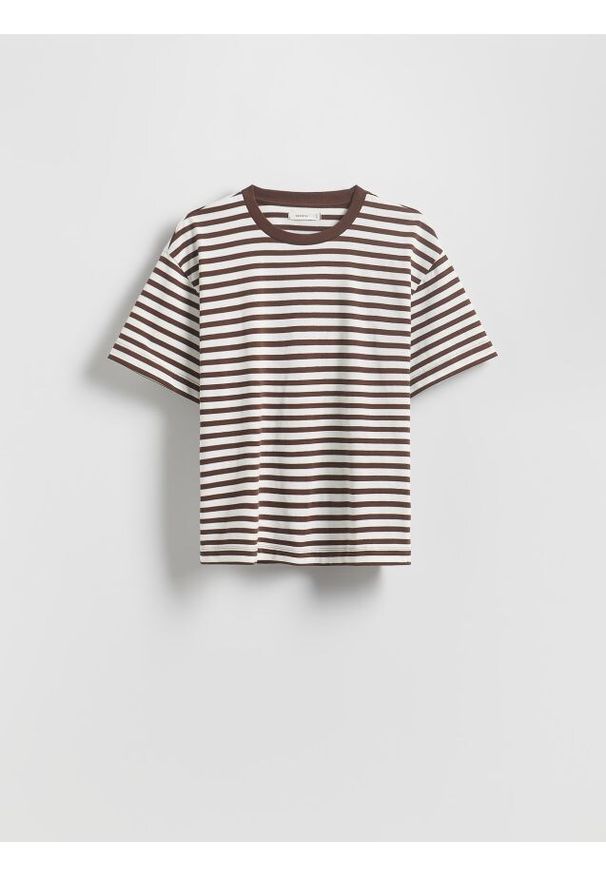 Reserved - Bawełniany t-shirt w paski - kremowy. Kolor: kremowy. Materiał: bawełna. Wzór: paski
