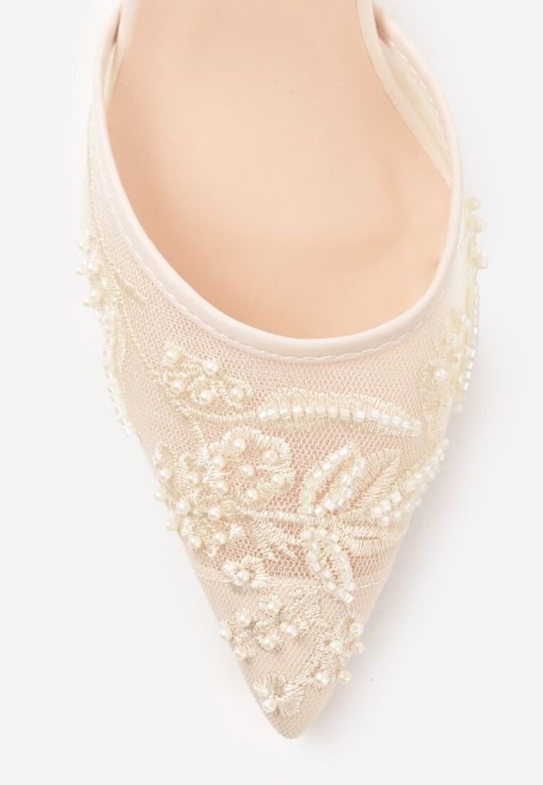 Renee - Beżowe Siateczkowe Czółenka na Szpilce z Haftami i Perełkami Branira. Okazja: na imprezę. Zapięcie: pasek. Kolor: beżowy. Wzór: haft. Obcas: na szpilce. Styl: elegancki