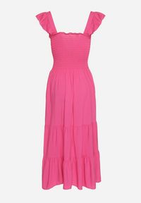 Born2be - Fuksjowa Rozkloszowana Bawełniana Sukienka na Ramiączkach z Gumkami i Falbanką Mevesta. Okazja: na spacer. Typ kołnierza: kołnierz z falbankami, dekolt kwadratowy. Kolor: różowy. Materiał: bawełna. Długość rękawa: na ramiączkach #5