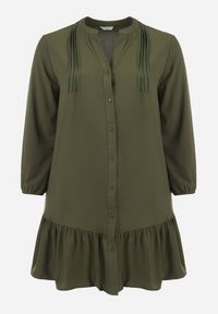 Born2be - Jasnozielona Koszulowa Sukienka Mini z Falbanką Brindel. Kolor: zielony. Typ sukienki: koszulowe. Długość: mini #7