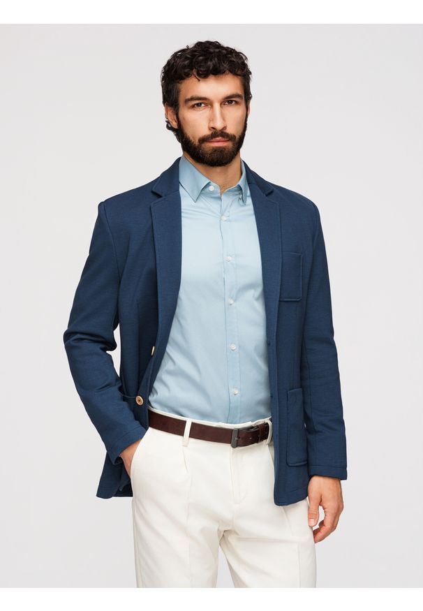 Ombre Clothing - Marynarka męska SLIM z dzianiny o subtelnej strukturze – ciemnoniebieska V6 - Rozmiar: XL. Okazja: do pracy. Kolor: niebieski. Materiał: dzianina. Wzór: kolorowy. Styl: klasyczny