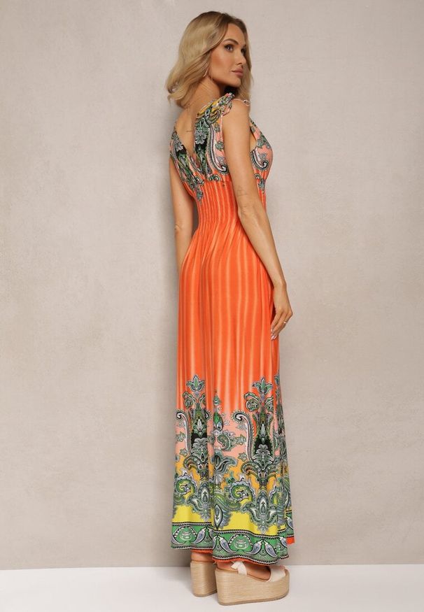 Renee - Pomarańczowa Rozkloszowana Sukienka z Trójkątnym Dekoltem i Ściągaczami w Ramionach Aneapmia. Okazja: na imprezę. Kolor: pomarańczowy. Typ sukienki: rozkloszowane. Styl: elegancki, klasyczny, wizytowy