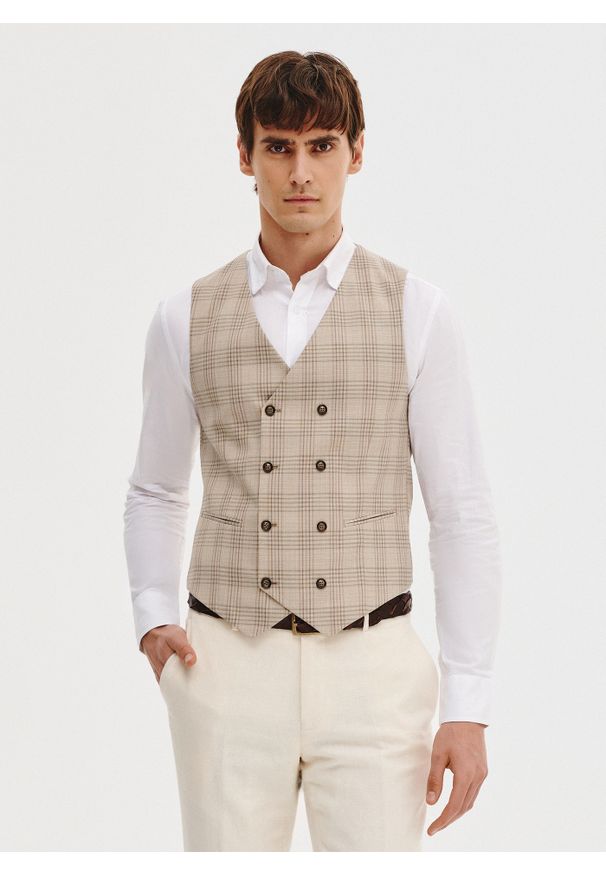 Pako Lorente - PAKO LORENTE - Dwurzędowa kamizelka męska w mocną kratę. Materiał: poliester, wiskoza, elastan. Wzór: kratka. Styl: elegancki, młodzieżowy