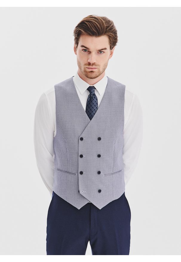 Pako Lorente - PAKO LORENTE - Granatowa dwurzędowa kamizelka w drobną kratę. Okazja: na co dzień. Kolor: niebieski. Materiał: poliester, wiskoza. Wzór: kratka. Styl: casual