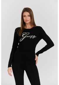 Guess - GUESS Czarny damski sweter Olive z haftowanym logo, Rozmiar M. Kolor: czarny. Materiał: wiskoza, materiał. Długość rękawa: długi rękaw. Długość: długie. Wzór: haft. Styl: klasyczny, elegancki