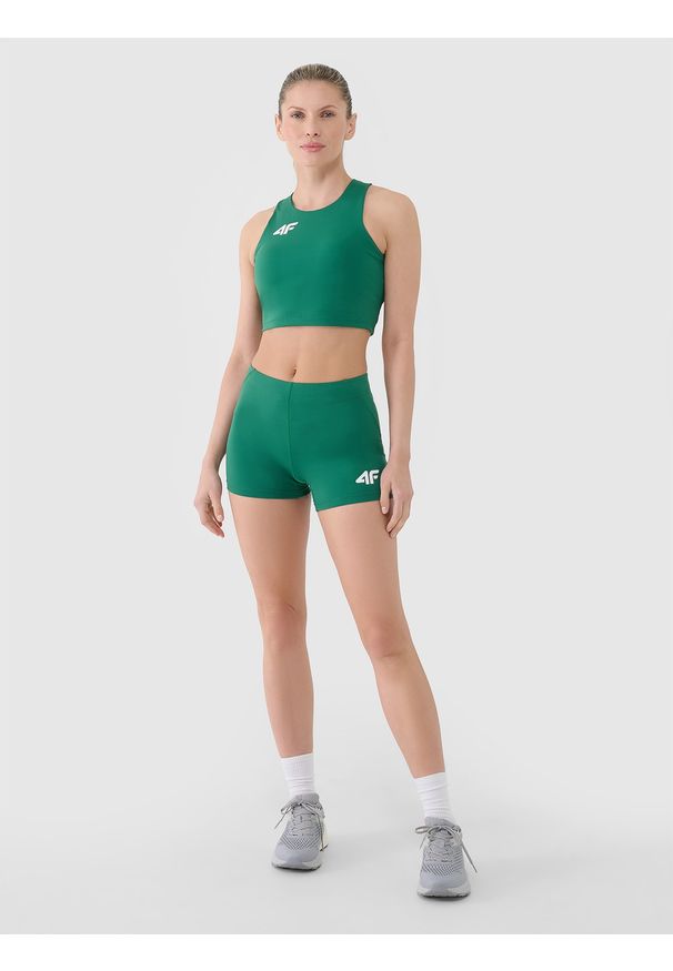 4f - 4F Legginsy krótkie treningowe damskie - zielone L. Kolor: zielony. Materiał: dzianina, włókno, syntetyk, materiał, elastan. Długość: krótkie. Wzór: gładki, ze splotem, jednolity. Sport: fitness