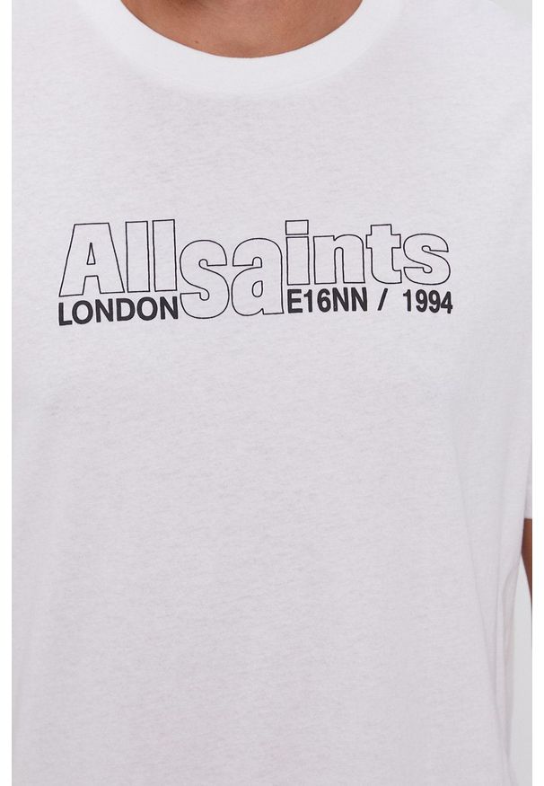 AllSaints T-shirt męski kolor biały z nadrukiem. Okazja: na co dzień. Kolor: biały. Wzór: nadruk. Styl: casual