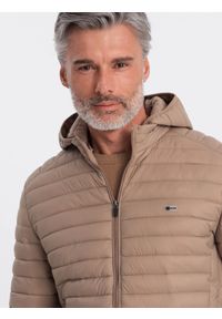 Ombre Clothing - Męska kurtka pikowana pakowana w worek - brązowa V4 OM-JALP-0156 - XXL. Typ kołnierza: kołnierzyk stójkowy. Kolor: brązowy. Materiał: materiał, nylon, poliester #7