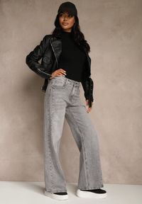 Renee - Szare Szerokie Jeansy z Bawełny High Waist Ozdobione Przetarciami Orryna. Okazja: na co dzień. Stan: podwyższony. Kolor: szary. Wzór: aplikacja. Styl: casual #3