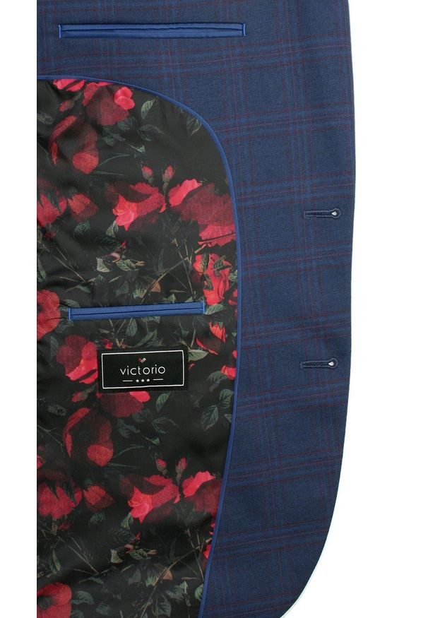 Victorio - Garnitur Elegancki SLIM, Granatowy w Kratkę Zapinany na Dwa Guziki, Spodnie w Kant -VICTORIO. Kolor: niebieski. Materiał: wiskoza, elastan, poliester. Wzór: kratka