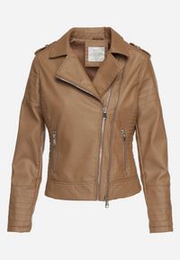 Born2be - Brązowa Kurtka Ramoneska z Ekoskóry Zapinana Asymetrycznie na Suwak z Przeszyciami Passaflora. Okazja: na co dzień. Kolor: brązowy. Materiał: jeans. Styl: casual, klasyczny, rockowy #4