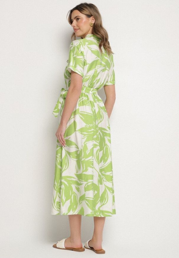 Born2be - Zielona Wiskozowa Sukienka o Koszulowym Kroju z Wiązanym Paskiem Uloanna. Okazja: na co dzień. Kolor: zielony. Materiał: wiskoza. Długość rękawa: krótki rękaw. Wzór: aplikacja. Typ sukienki: koszulowe. Styl: elegancki, casual, klasyczny