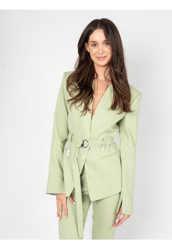Patrizia Pepe Marynarka | 8S0451/A210 | Kobieta | Zielony. Okazja: na co dzień. Kolor: zielony. Materiał: len, wiskoza, elastan. Wzór: aplikacja. Styl: elegancki, casual
