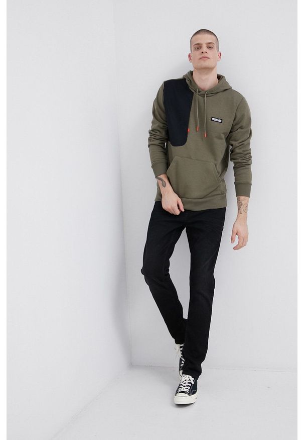 columbia - Columbia Bluza męska kolor zielony z kapturem gładka. Okazja: na co dzień. Typ kołnierza: kaptur. Kolor: zielony. Wzór: gładki. Styl: casual