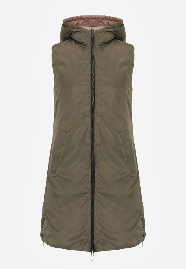 Born2be - Beżowa Pikowana Kamizelka Dwustronna z Kapturem i Sznurkami Leorani. Okazja: na co dzień, na spacer. Typ kołnierza: kaptur. Kolor: beżowy. Materiał: jeans. Styl: casual, sportowy