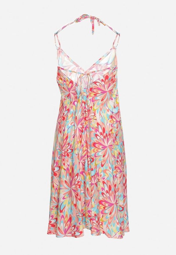 Born2be - Różowa Bawełniana Sukienka z Wiązaniem na Szyi i Plecach Risalliem. Kolor: różowy. Materiał: bawełna. Typ sukienki: rozkloszowane