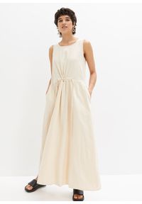 bonprix - Długa sukienka z tkaniny z lnu, z tunelem w talii. Kolor: beżowy. Materiał: tkanina, len. Długość: maxi