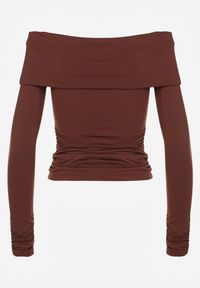 Renee - Brązowa Marszczona Bluzka Hiszpanka Vices z Wywiniętym Dekoltem Termola. Okazja: na co dzień. Typ kołnierza: dekolt hiszpanka. Kolor: brązowy. Materiał: jeans. Styl: casual #4