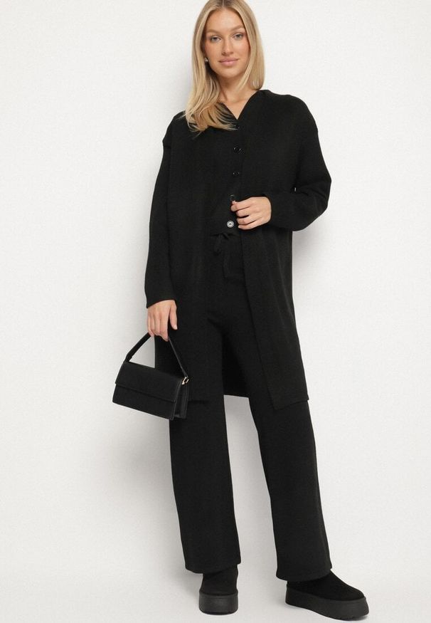 Born2be - Czarny Dzianinowy Komplet z Wełną Kamizelka Długi Kardigan i Spodnie Otizela. Kolekcja: plus size. Kolor: czarny. Materiał: wełna, dzianina