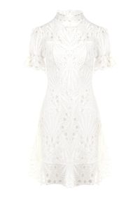 Born2be - Biała Sukienka Adoneus. Typ kołnierza: kołnierz z falbankami. Kolor: biały. Materiał: koronka. Wzór: koronka. Styl: klasyczny. Długość: midi #5