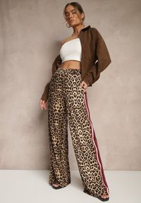 Renee - Brązowe Spodnie z Wiskozą High Waist o Szerokim Kroju z Lampasami Elosina. Stan: podwyższony. Kolor: brązowy. Materiał: wiskoza
