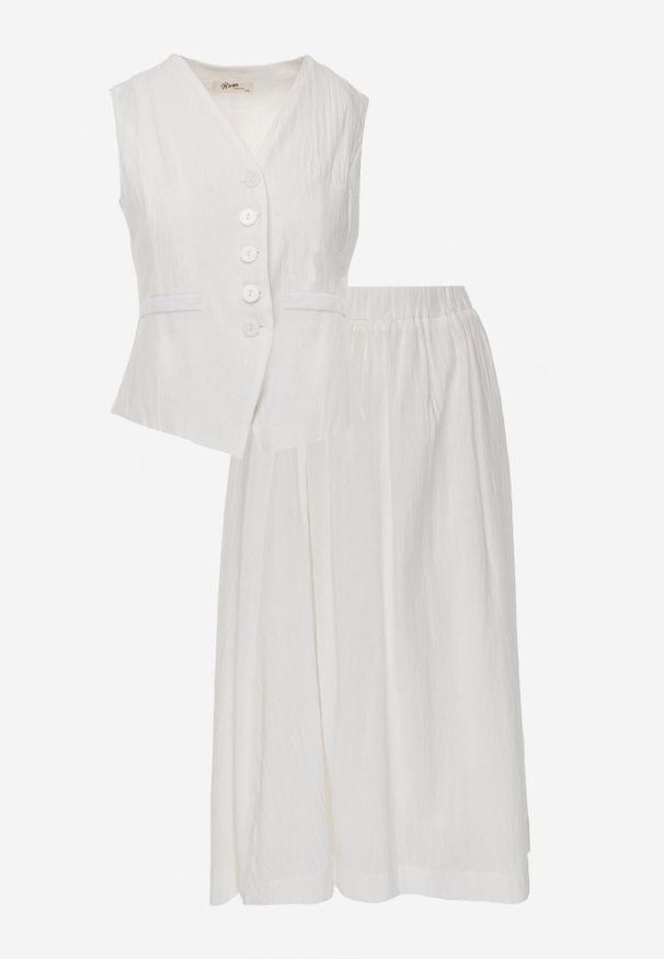 Born2be - Biały Bawełniany Komplet Rozkloszowana Spódnica i Kamizelka Moveina. Kolor: biały. Materiał: bawełna. Wzór: ażurowy